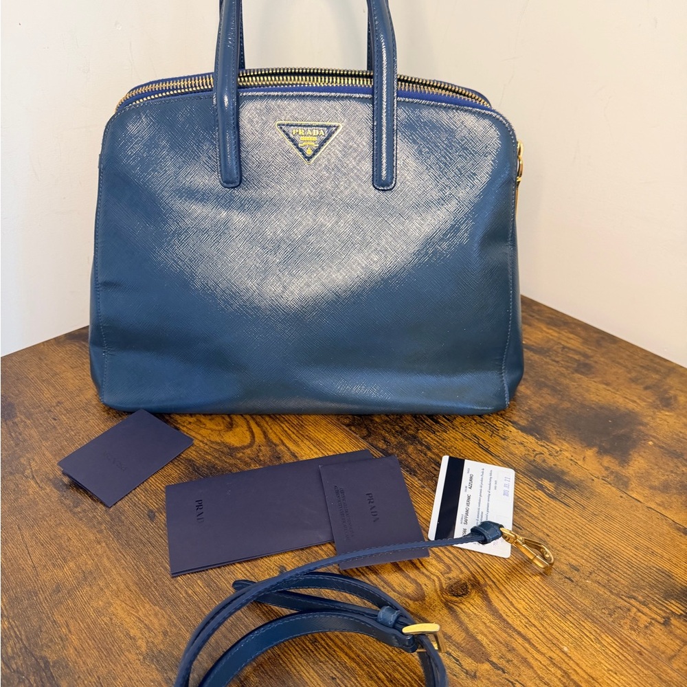 Prada Navy Blue Saffiano Leather Dome Satchel